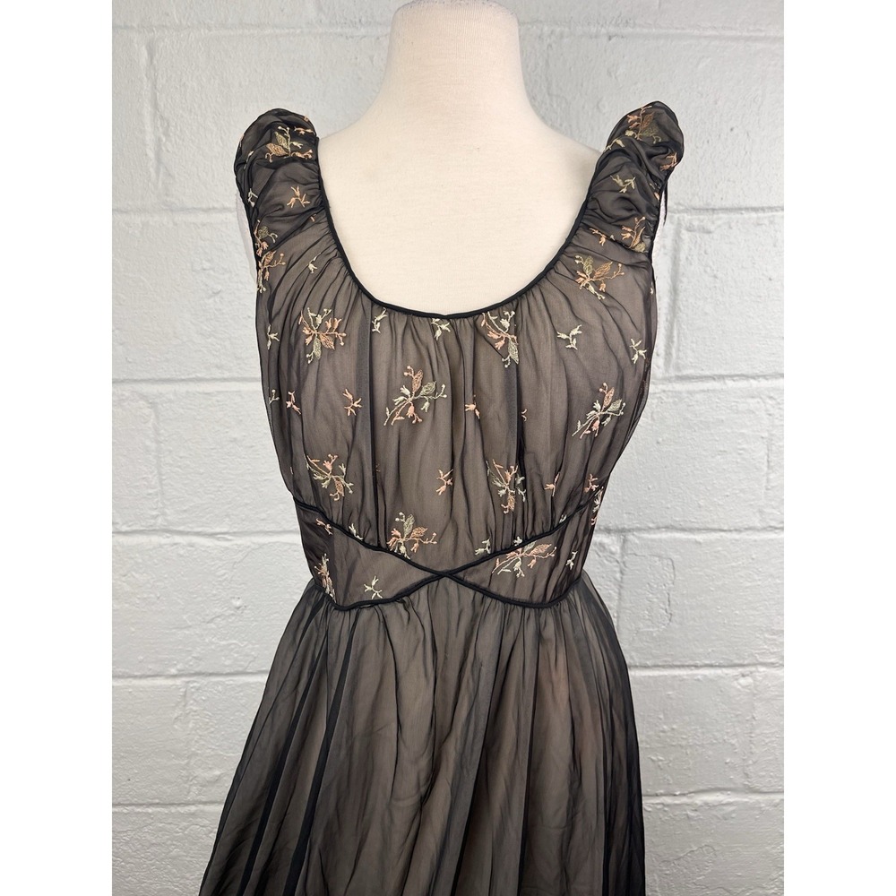 Vintage Sheer Nightgown Black Blush 38 Embroidered 50s Cinderella Full Floral - Picture 3 of 13